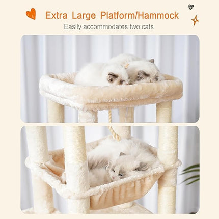 Heybly HCT050M Beige Cat Scratching Post with Blankets for Large Cat Scratching Post Large Platforms Cave 50 x 50 x 153cm