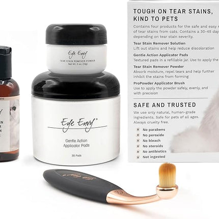 Product Energy Guide Eye Envy Cat Tear Stain Remover Starter Kit with ProPowder Brush. Stain Solution, Applicator Pads, Stain Powder, and Small Applicator Brush. Tear Stain Cleaning Kit. Lasts 30-45 Days. Made in USA.