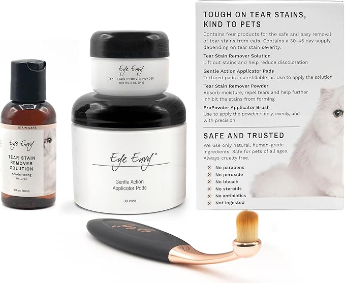 Product Energy Guide Eye Envy Cat Tear Stain Remover Starter Kit with ProPowder Brush. Stain Solution, Applicator Pads, Stain Powder, and Small Applicator Brush. Tear Stain Cleaning Kit. Lasts 30-45 Days. Made in USA.