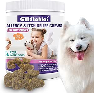 Dog Allergy Relief Chews,150 PCS Itchy Skin Relief Immune Treats with Omega 3 Fish Oil,Turmeric Probiotics for Dogs Itching,Skin and Coat Health for Dogs Itching, Licking & Separation