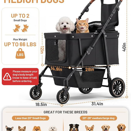 Dog Stroller for Large & Medium Dogs (20–132 lbs), Pet Stroller for 2 Small Dogs with Adjustable Handle & Canopy, Sun Shades, Storage Organizer, Foldable & Ventilated,Black