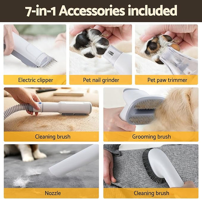 Pet Grooming Kit Vacuum Hair Dryer Clipper Brushes Cleaning White 7in1