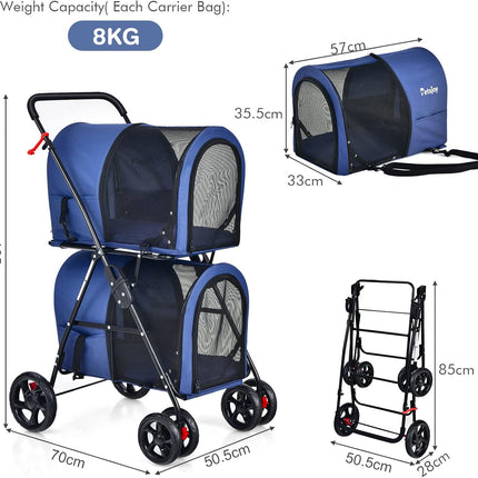 4-in-1 Double Layer Pet Stroller, Foldable Cat Dog double Stroller on Wheels w/ 2 Detachable