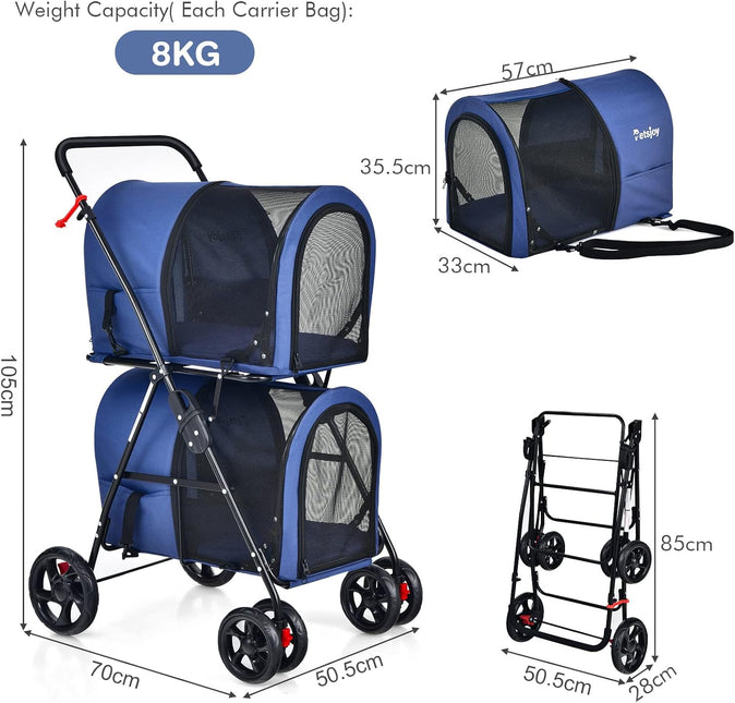 4-in-1 Double Layer Pet Stroller, Foldable Cat Dog double Stroller on Wheels w/ 2 Detachable