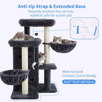 Heybly Cat Tree with Reinforced Big Base, 105cm Sturdy Cat Tower for Indoor Cats ,Smoky Gray