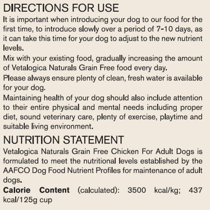 Vetalogica Naturals Premium Quality Grain Free Chicken Adult Dry Dog Food 3 kg