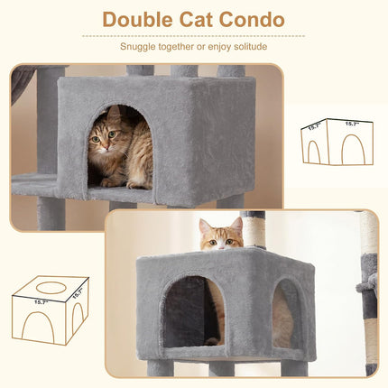 Heybly 173cm Cat Tree with Oversized Top Platform & Wide Base, Heavy Duty Cat Tower for Large Indoor Cats with 2 Condos, 2 Hammocks, 10 Sisal Scratching Posts,Light Gray HCT059W