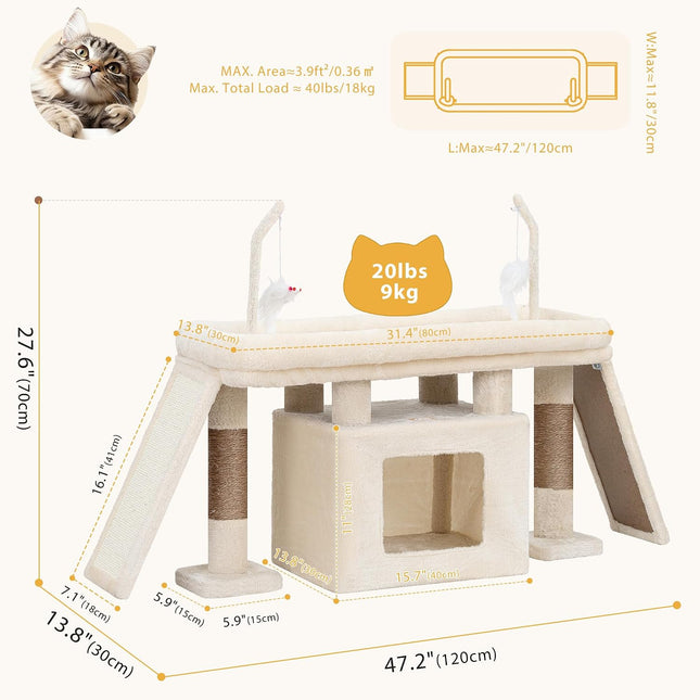 Heybly Cat Tree Extra-Long & Stable 2 Adjustable Scratch Boards,Beige