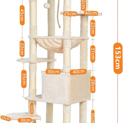Heybly HCT050M Beige Cat Scratching Post with Blankets for Large Cat Scratching Post Large Platforms Cave 50 x 50 x 153cm