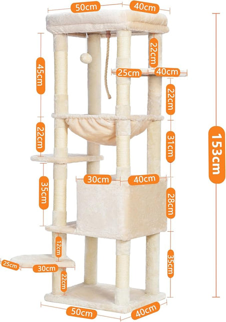 Heybly HCT050M Beige Cat Scratching Post with Blankets for Large Cat Scratching Post Large Platforms Cave 50 x 50 x 153cm