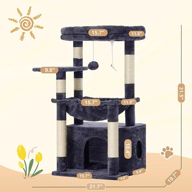 Heybly Cat Tree, Kitten Tower with Large Soft Cat Basket HCT008SG | Cat Condo with Spacious Cat Bed Cave with Hidden Space, Sisal Scratching Posts, Dangling Ball for Indoor Cats, Smoky Gray