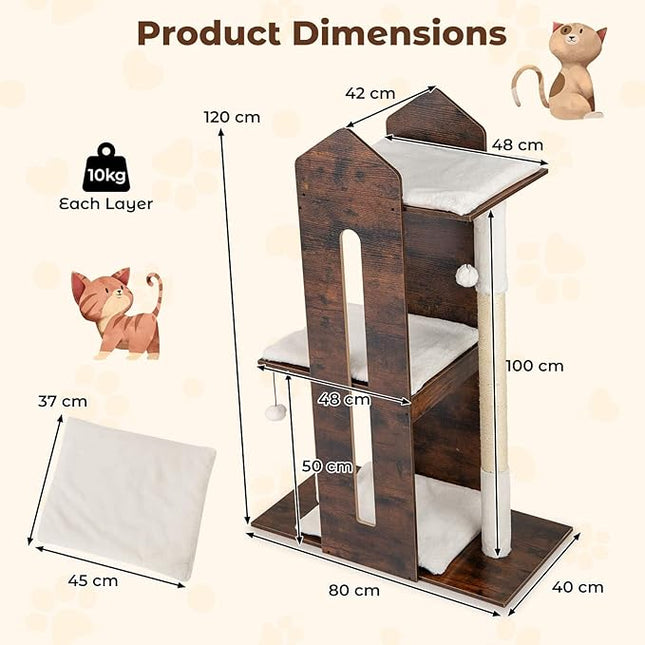 Costway 120 CM Modern Cat Tree for Indoor Cats, Wooden Kitten Tower Cat Condo w/Sisal Scratching Posts, Hanging Balls, Removable Washable Plush Cushions, Perch, Multi-Level Pet Climbing Furniture