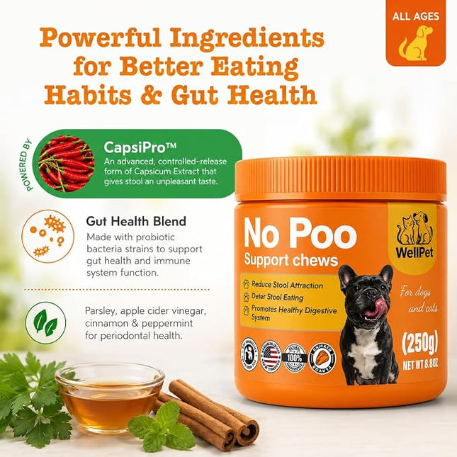 WellPet No Poo Support Chews for Dogs and Cats, Stool Eating Deterrent, with Probiotics and Digestive Enzymes, Chicken Flavour, 250g,100ct