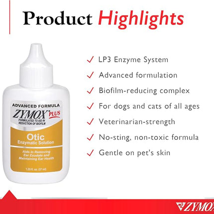 Zymox Advanced Formula Otic Plus Enzymatic Ear Solution for Dogs and Cats Without Hydrocortisone, 1.25oz