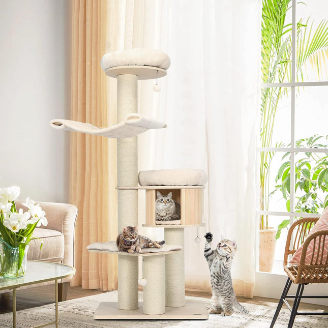 Costway 174cm Solid Wood Cat Tree, 4-Layer Cat Tower W/Sisal Scratching Posts, Cat Condo