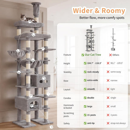 Heybly Floor to Ceiling Cat Tree, Large Cat Tower, 2 Cat Condos,Light Gray