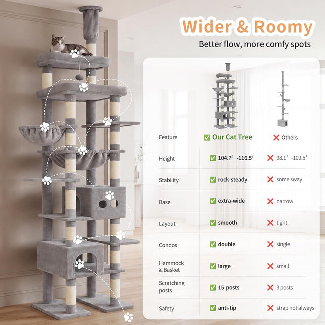 Heybly Floor to Ceiling Cat Tree, Large Cat Tower, 2 Cat Condos,Light Gray