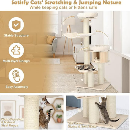 Costway 174cm Solid Wood Cat Tree, 4-Layer Cat Tower W/Sisal Scratching Posts, Cat Condo