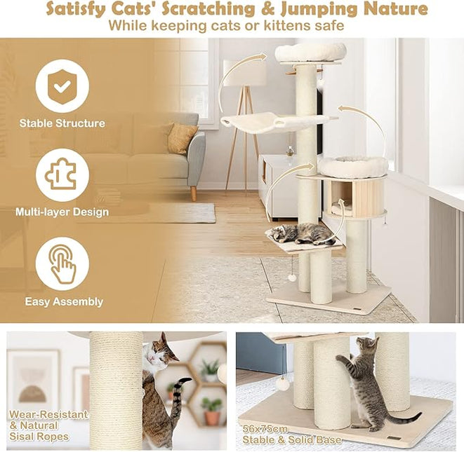 Costway 174cm Solid Wood Cat Tree, 4-Layer Cat Tower W/Sisal Scratching Posts, Cat Condo