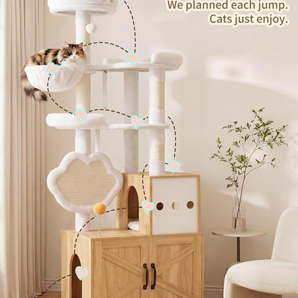 Heybly Cat Tree with Litter Box Enclosure, Modern 162cm Hidden Cat Tower for Indoor Cats,White Oak HCT105BT