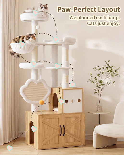 Heybly Cat Tree with Litter Box Enclosure, Modern 162cm Hidden Cat Tower for Indoor Cats,White Oak HCT105BT