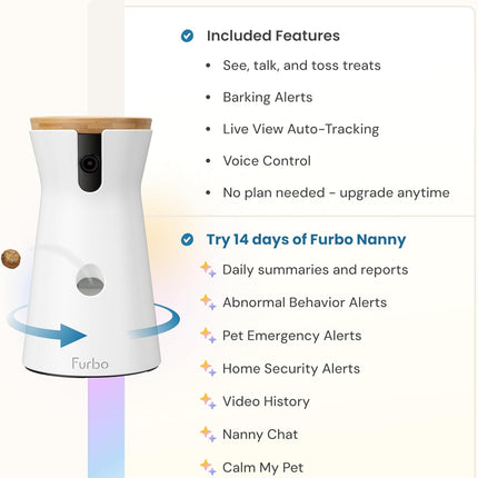 Furbo 360° Dog Camera: Pet Security Cam w/Barking Alerts, Rotating View, Treat Toss w/Phone App, Smart Home Puppy Monitoring, 2-Way Speaker, No Subscription Needed.