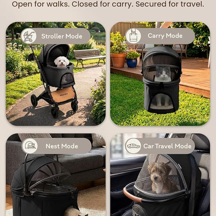 Premium Pet Stroller with Detachable Carrier for Small Dogs & Cats, Lightweight Foldable Design, Travel-Ready, Compact Storage (Midnight Black)