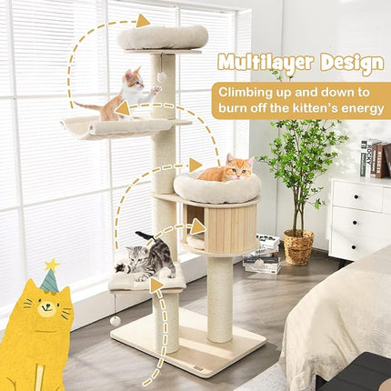 Wood Cat Tree for Indoor Cats, Tall Modern Cat Tower w/Sisal Scratching Posts, Condo, Padded Perch, Hammock, Napping Bed