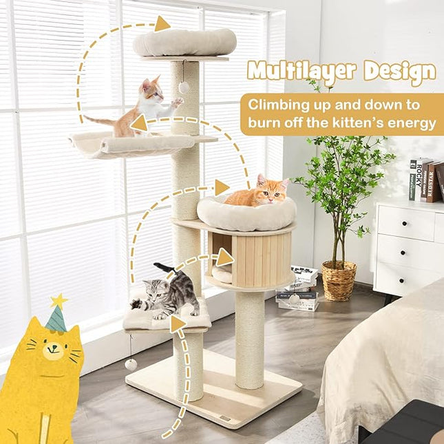 Wood Cat Tree for Indoor Cats, Tall Modern Cat Tower w/Sisal Scratching Posts, Condo, Padded Perch, Hammock, Napping Bed