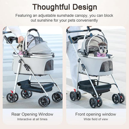 Pet Stroller with 4 Wheels, 3 in 1 Foldable Cat Dog Carrier, Portable Dog Cat Jogger Stroller with Detachable Carrier, Multifunctional Lightweight Pet Travel Stroller for Medium Small Dogs Cats