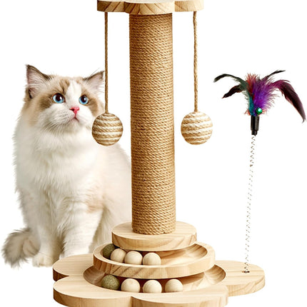Cat Scratching Post for Kittens, 4 in 1 Wooden Cat Scratcher Toy, 17.7" Tall Scratch Post with 2 Level Cat Track Balls, Interactive Feather Toy and 2 Sisal Hanging Balls for Indoor Kittens