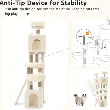 Heybly Cat Tree, 184 cm Anti-Tip Cat Tower for Large Cats, All-in-One,Beige