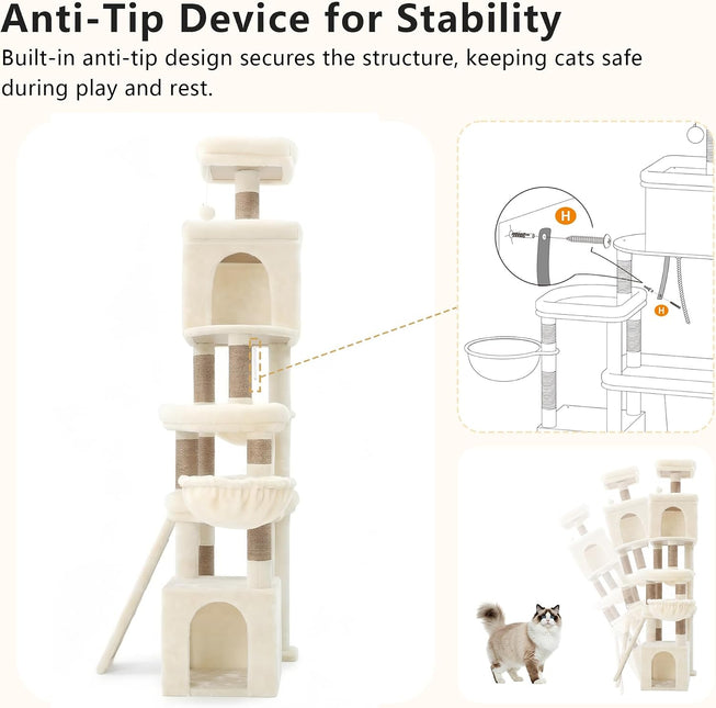 Heybly Cat Tree, 184 cm Anti-Tip Cat Tower for Large Cats, All-in-One,Beige