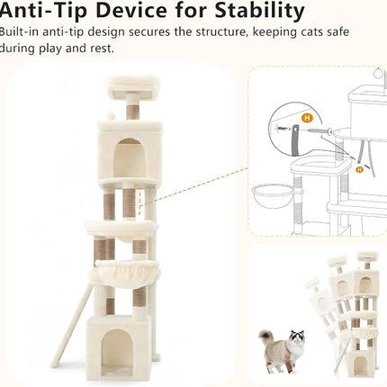 Heybly Cat Tree 72.4-Inch Anti-Tip Cat Tower with Spacious Perches,Extra-Large Sisal Scratching Board, Beige