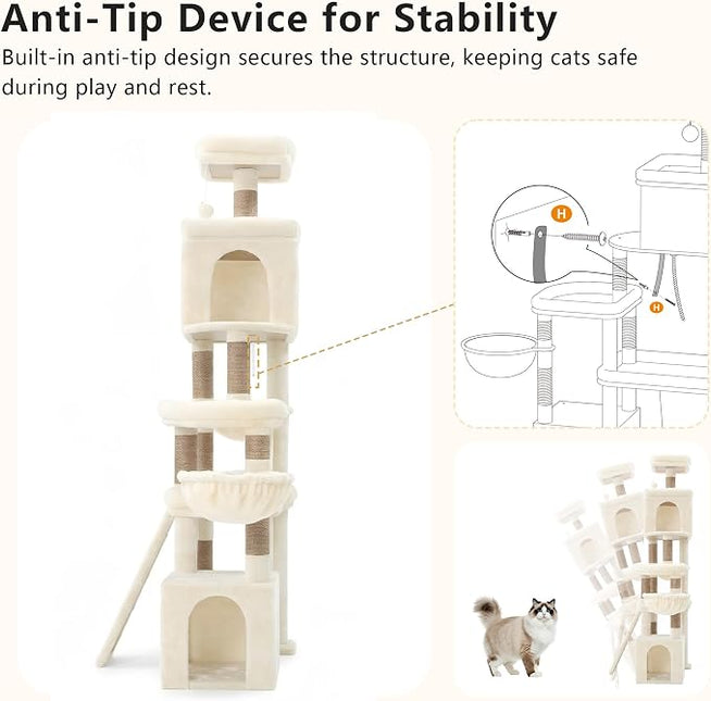 Heybly Cat Tree 72.4-Inch Anti-Tip Cat Tower with Spacious Perches,Extra-Large Sisal Scratching Board, Beige