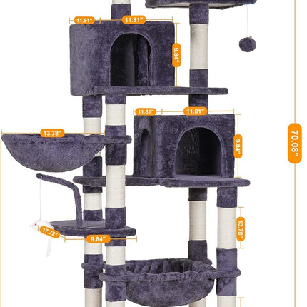 Heybly Cat Tree with Toy,70 inches Cat Tower condo for Indoor Cats, Cat House with Padded Plush Perch, Cozy Hammock and Sisal Scratching Posts, Smoky Gray HCT032G