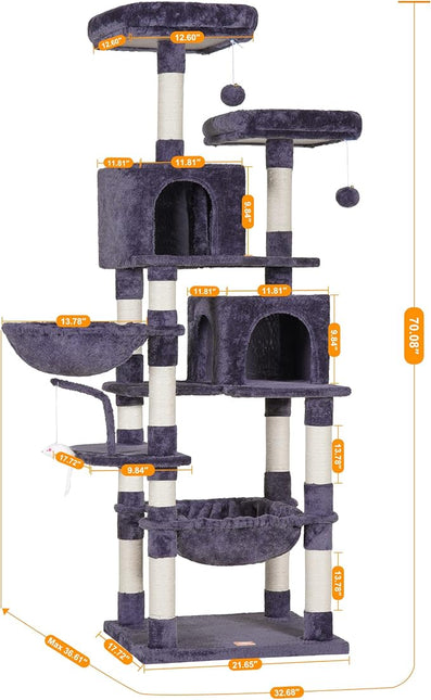 Heybly Cat Tree with Toy,70 inches Cat Tower condo for Indoor Cats, Cat House with Padded Plush Perch, Cozy Hammock and Sisal Scratching Posts, Smoky Gray HCT032G