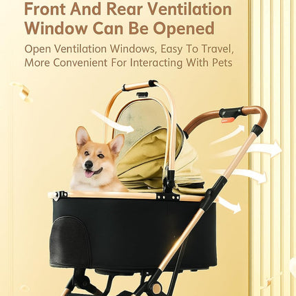 Folding Dog Stroller for Pet Travel – Lightweight 4-Wheel Suspension Pet Pram with Safety Belt, Detachable Carrier & Removable Storage Baske