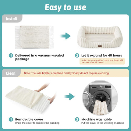 COZY KISS Orthopedic Dog Bed for Small Dogs & Medium Dogs - Washable Rectangle Pet Bed with Anti-Slip Bottom, Soft Calming Cat & Puppy Bed for Indoor Pets (Cream, 89x64x19 cm)