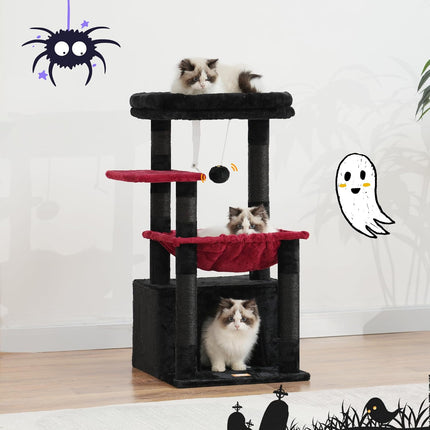 Heybly Cat Tree, Kitten Tower with Large Soft Cat Basket , Black and Red
