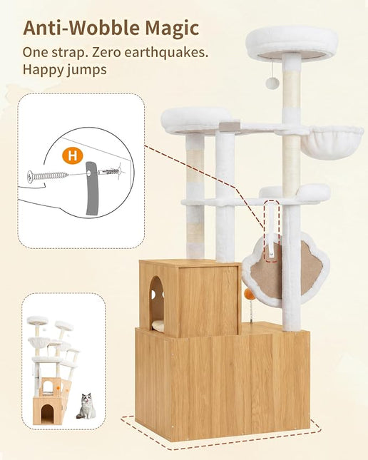 Heybly Cat Tree with Litter Box Enclosure, Modern 162cm Hidden Cat Tower for Indoor Cats,White Oak HCT105BT