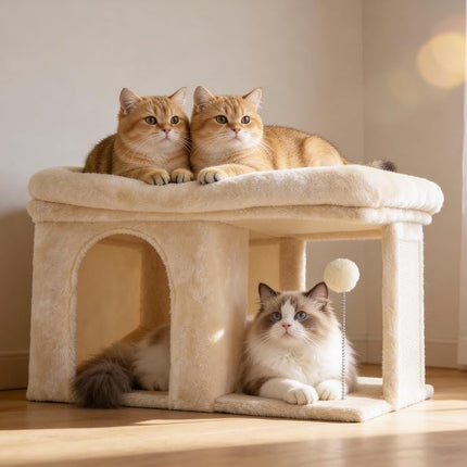 Heybly Cat Tree, 14" Cat Tower with Large Cat Bed & Condo HCT203SM | Cat Furniture for Indoor Cats Large Adult and Kittens, Beige