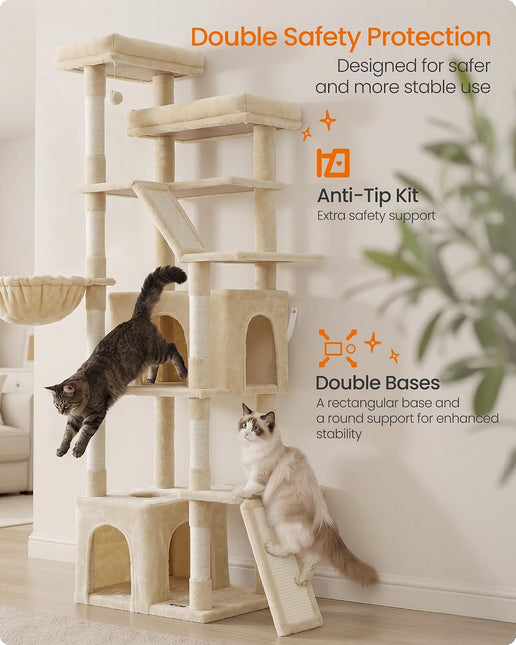 Feandrea Large Cat Tree, 72.6" Tall Sturdy Cat Tower for Indoor, Beige