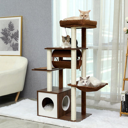 PAWZ Road Cat Tree Cat Scratching Post with a Large Hammock Play Tower, Play Tunnel Wooden Furniture Cat Stand 130cm Brown