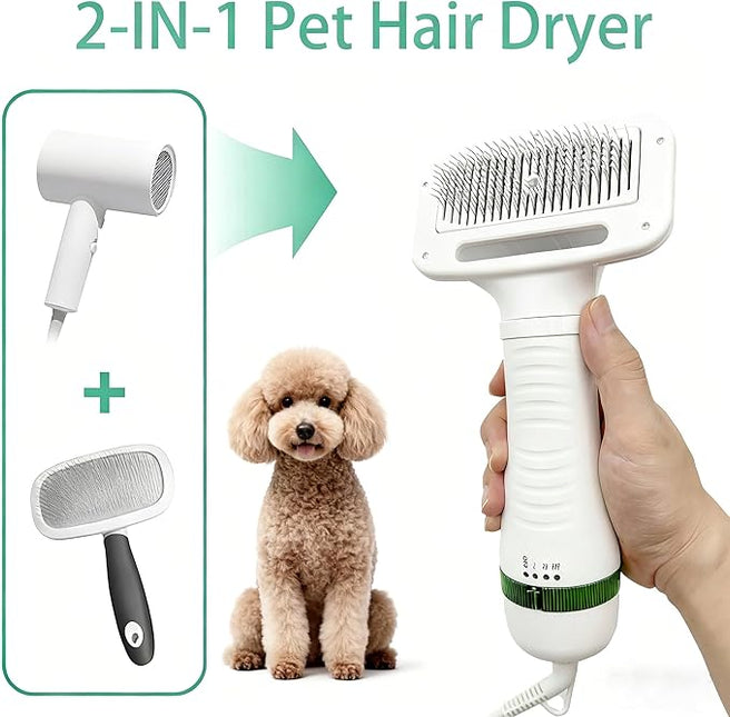 Dog Grooming Dryer, Pet Hair Dryer with Slicker Brush 2-in-1 for Dogs and Cats, Lightweight, Quiet, Adjustable Temp Perfect for Small to Medium Pets