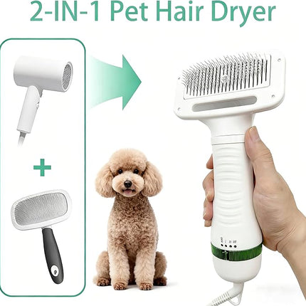 Dog Grooming Dryer, Pet Hair Dryer with Slicker Brush 2-in-1 for Dogs and Cats, Lightweight, Quiet, Adjustable Temp Perfect for Small to Medium Pets
