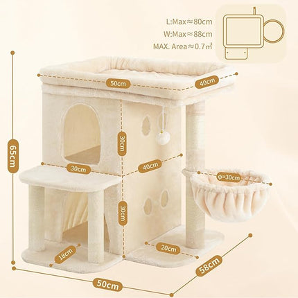 Heybly Cat Tree, 65cm Cat Tower with Spacious Top Perch for Large Cats, Beige