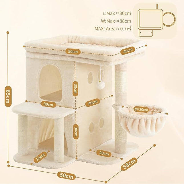 Heybly Cat Tree, 65cm Cat Tower with Spacious Top Perch for Large Cats, Beige
