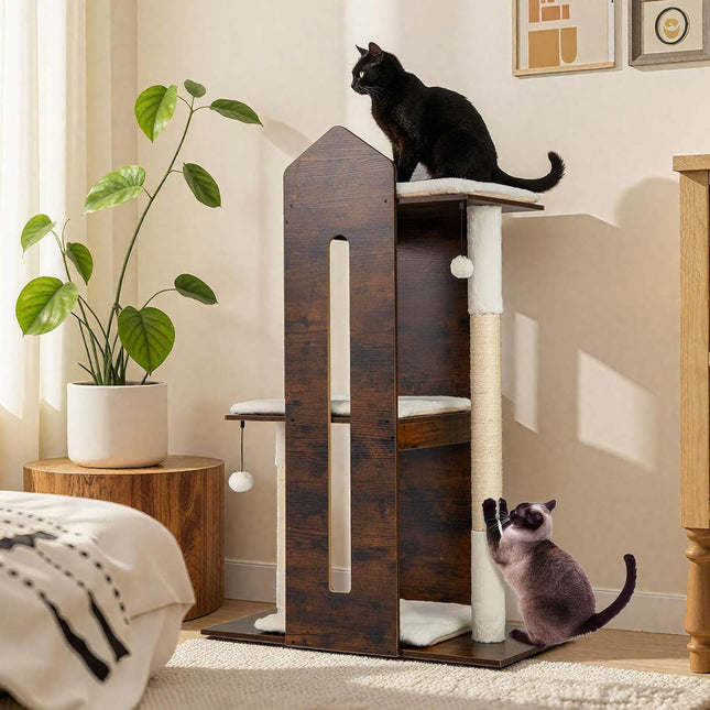 Costway 120 CM Modern Cat Tree for Indoor Cats, Wooden Kitten Tower Cat Condo w/Sisal Scratching Posts, Hanging Balls, Removable Washable Plush Cushions, Perch, Multi-Level Pet Climbing Furniture