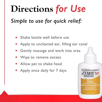 Zymox Advanced Formula Otic Plus Enzymatic Ear Solution for Dogs and Cats Without Hydrocortisone, 1.25oz